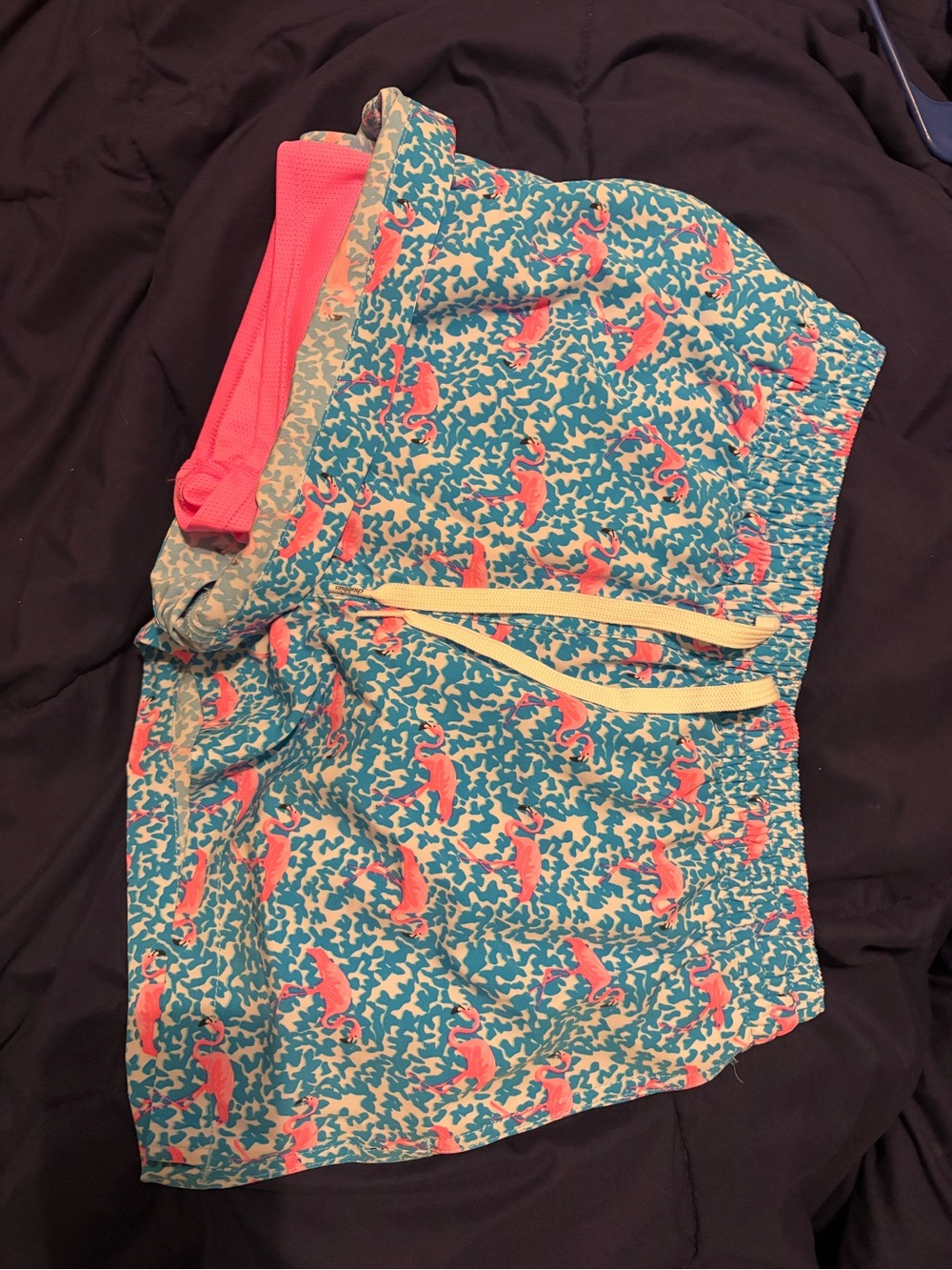 chubbies Teal Athletic Shorts with Pink Flamingo Print